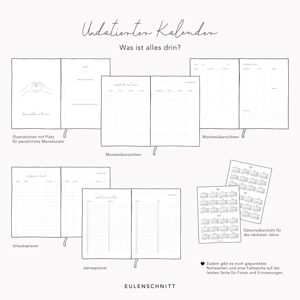 Inhaltsübersicht vom undatierten Kalender von Eulenschnitt. Inklusive Monatsübersicht, Wochen- und Jahresübersicht. Datumsübersicht als Beileger Karte in der Tasche hinten.