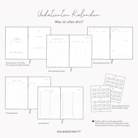 Inhaltsübersicht vom undatierten Kalender von Eulenschnitt. Inklusive Monatsübersicht, Wochen- und Jahresübersicht. Datumsübersicht als Beileger Karte in der Tasche hinten.