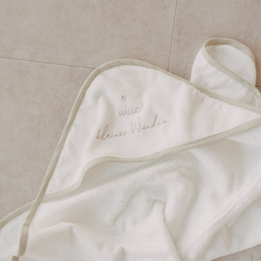 Weiches Kapuzenhandtuch Baby mit Stickerei Hallo kleines Wunder aus Baumwolle