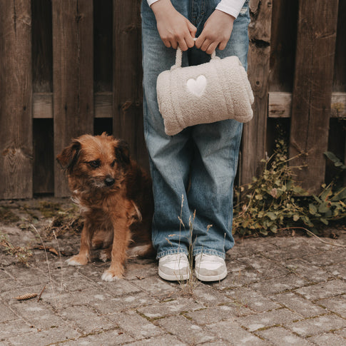 Hund neben Person mit cremefarbener Hundedecke vor Holzzaun