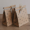 Papier Geschenktüte mit Herzmuster, Schleife und Trockenblume wird von Hand gehalten
