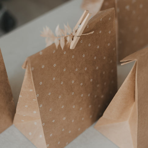Kraftpapier-Geschenktüte mit weißen Sternen, Holzklammer und dekorativem Zweig